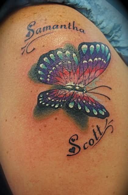 yellow butterfly tattoo|butterfly tattoo with names intertwined.